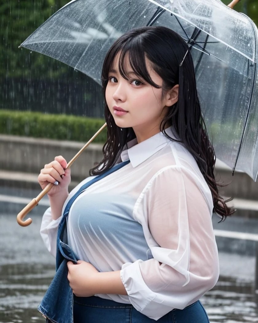 Woman in damp white shirt and tie holding umbrella in the rain.