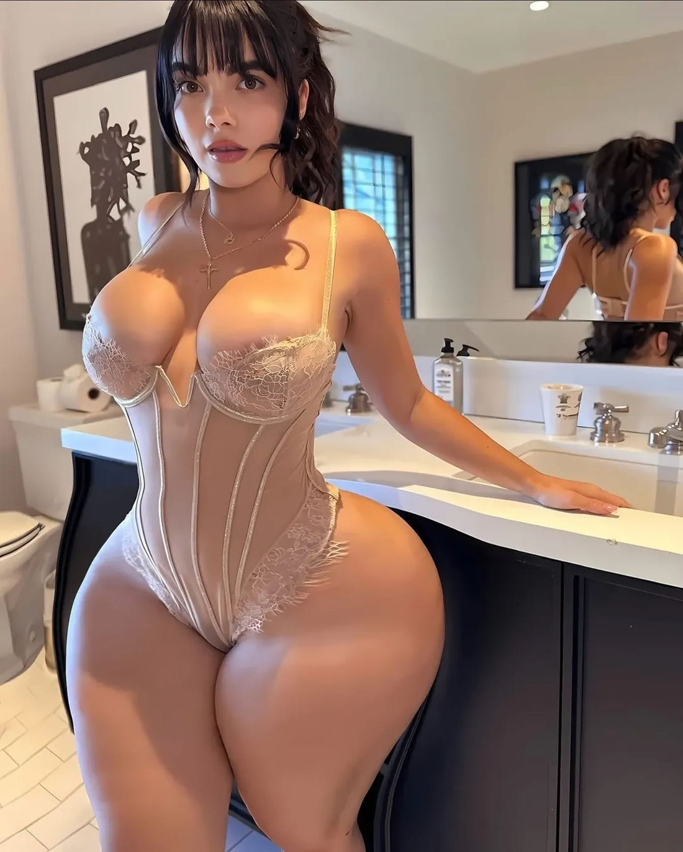 Woman in lace bodysuit in bathroom.