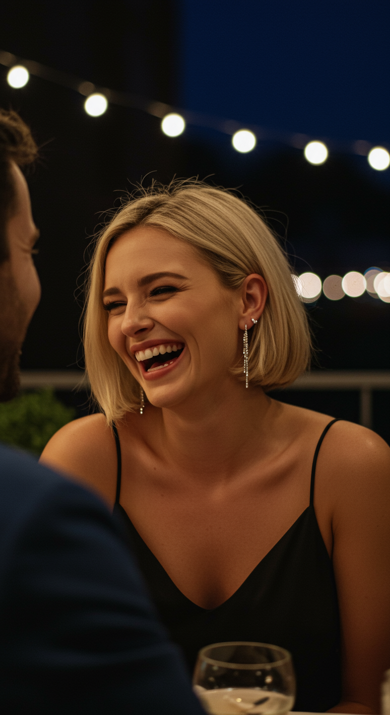 Woman with blonde bob laughing, wearing black top and crystal drop earrings.