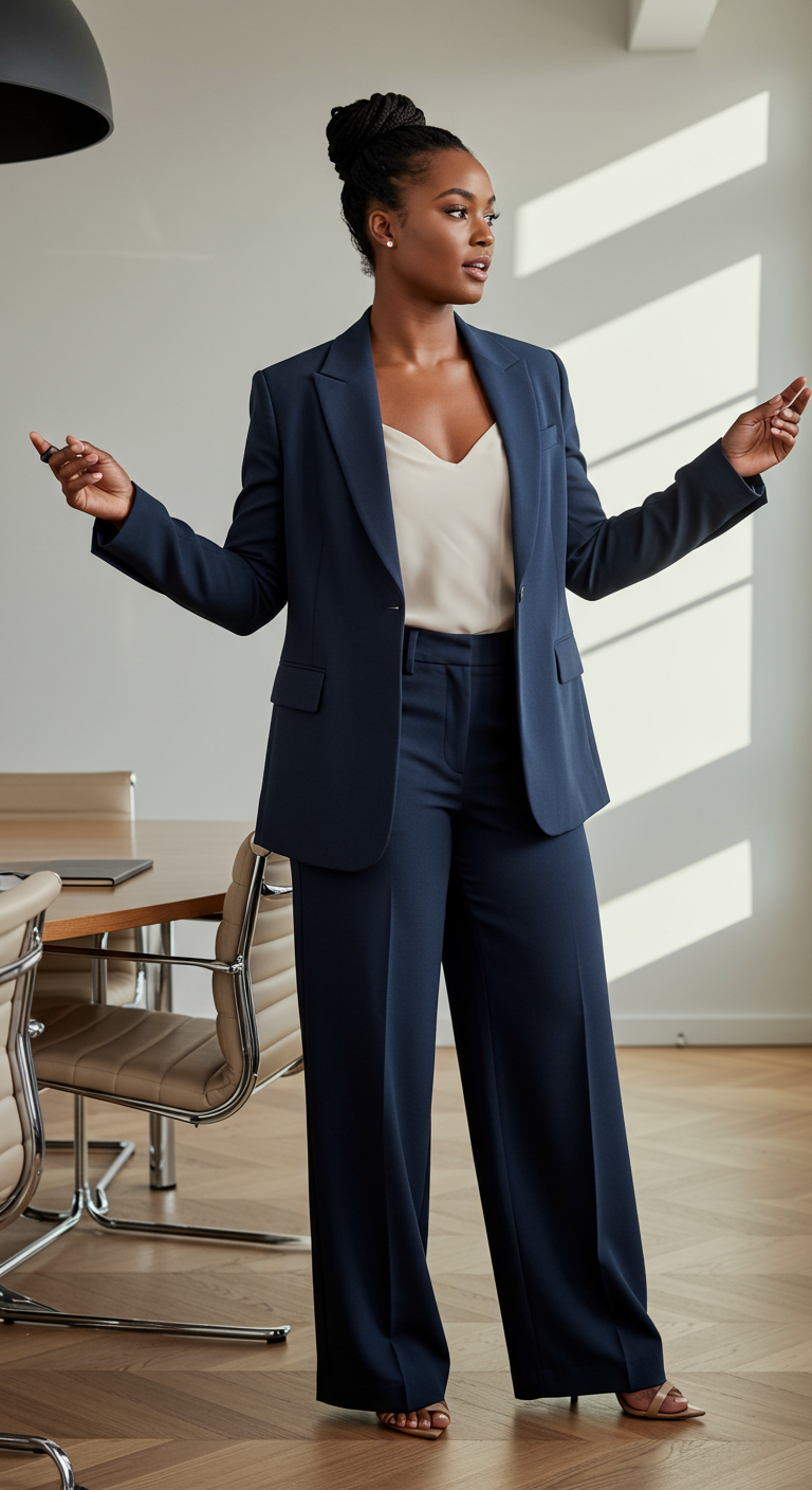 Woman in a navy pantsuit with a cream camisole in a modern office.
