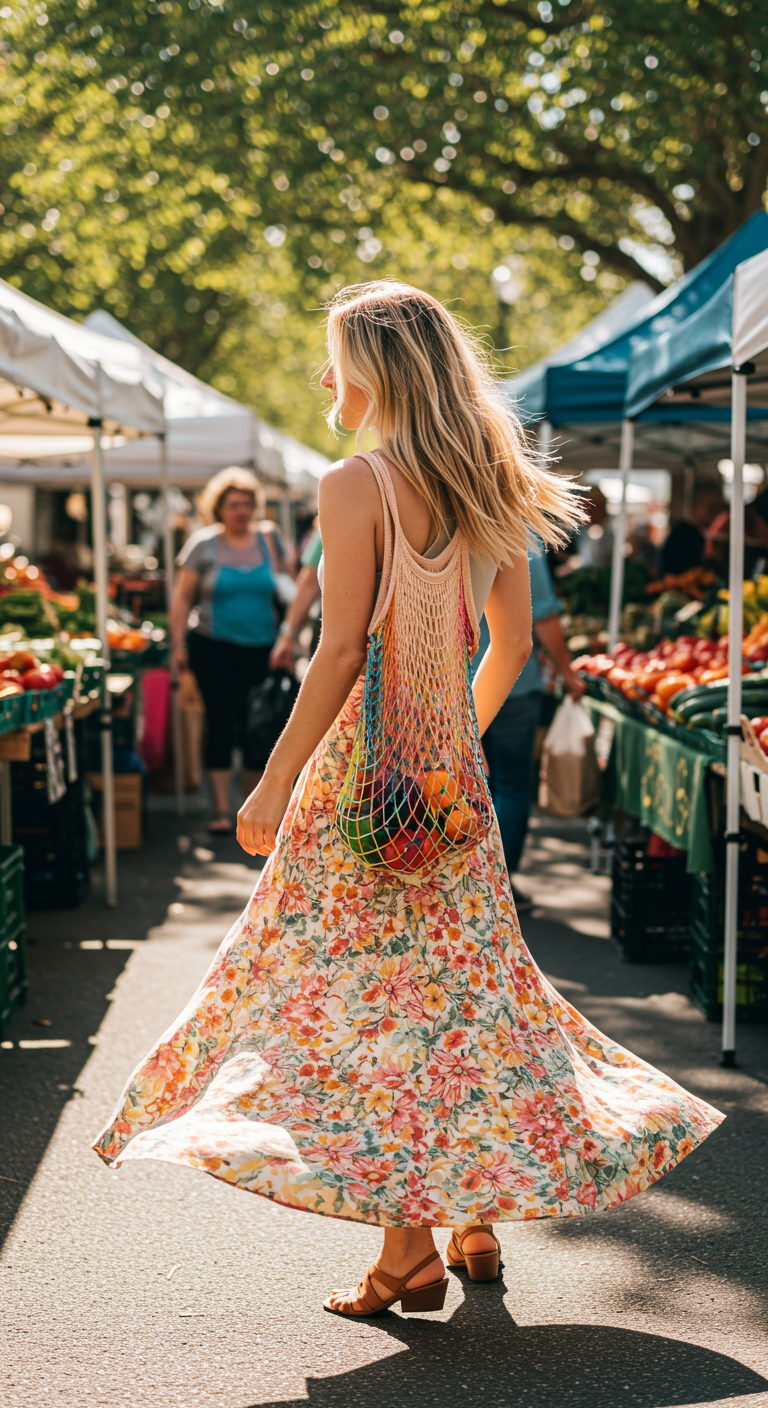 Woman in a floral maxi dress with a colorful string bag at a farmers market.