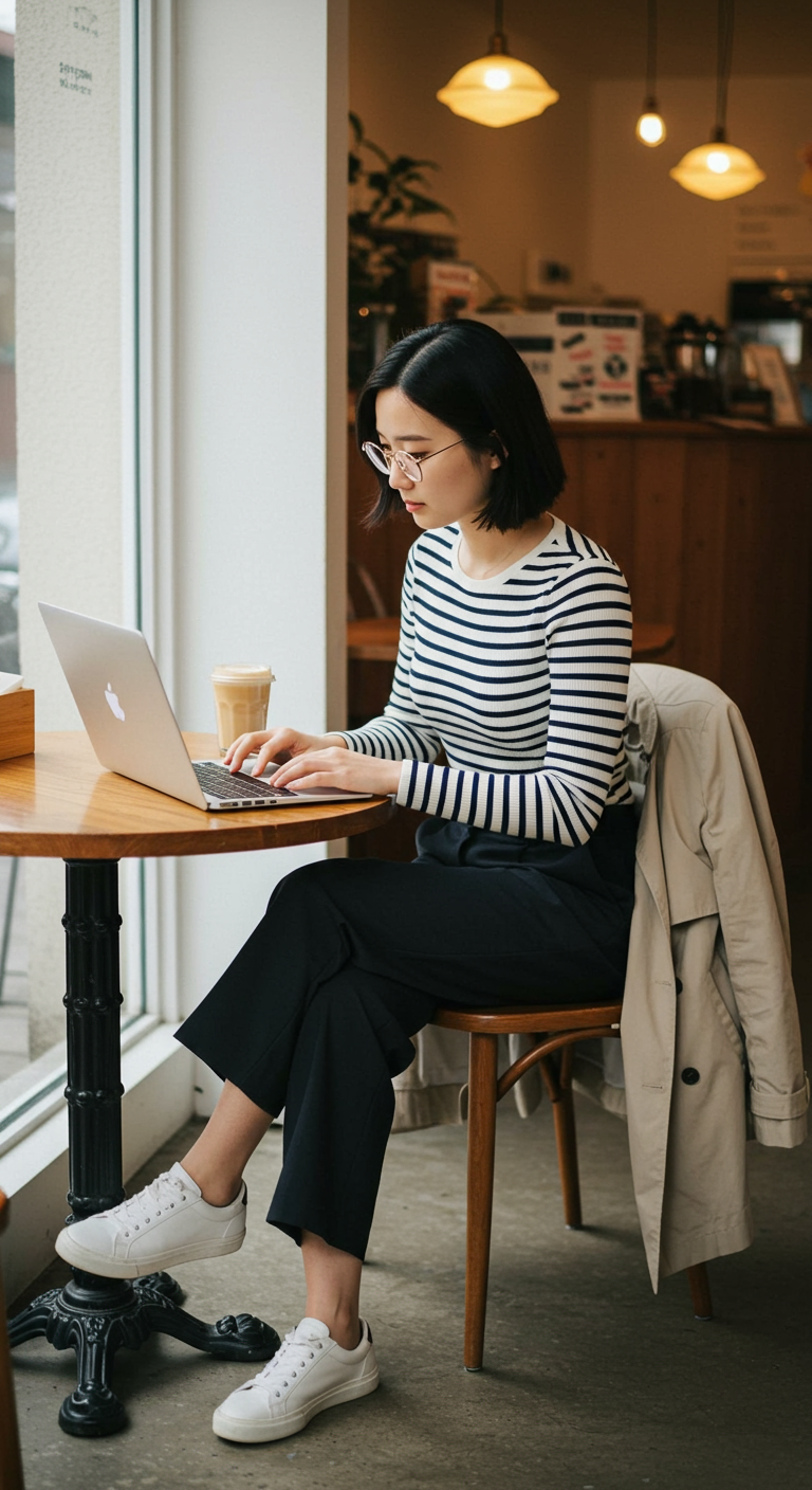 Woman in a striped top, black wide-leg pants, and sneakers working on a laptop in a cafe.
