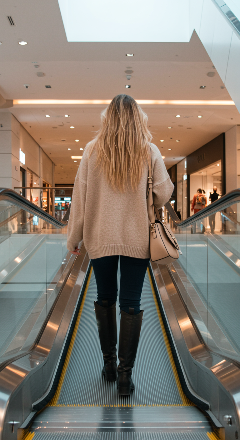Woman in an oversized beige sweater, dark jeans, and knee-high boots on an escalator.