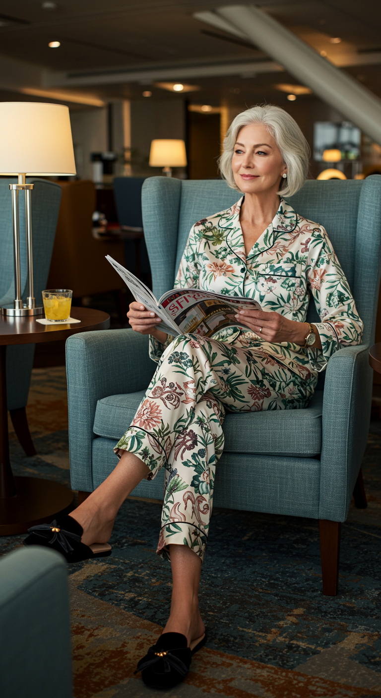 Elegant older woman in a floral silk pajama set reading a magazine in an airport lounge.