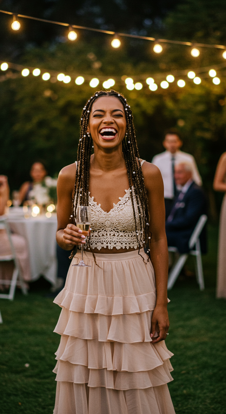 Woman laughing at an outdoor party in a white crochet crop top and blush tiered ruffle skirt.