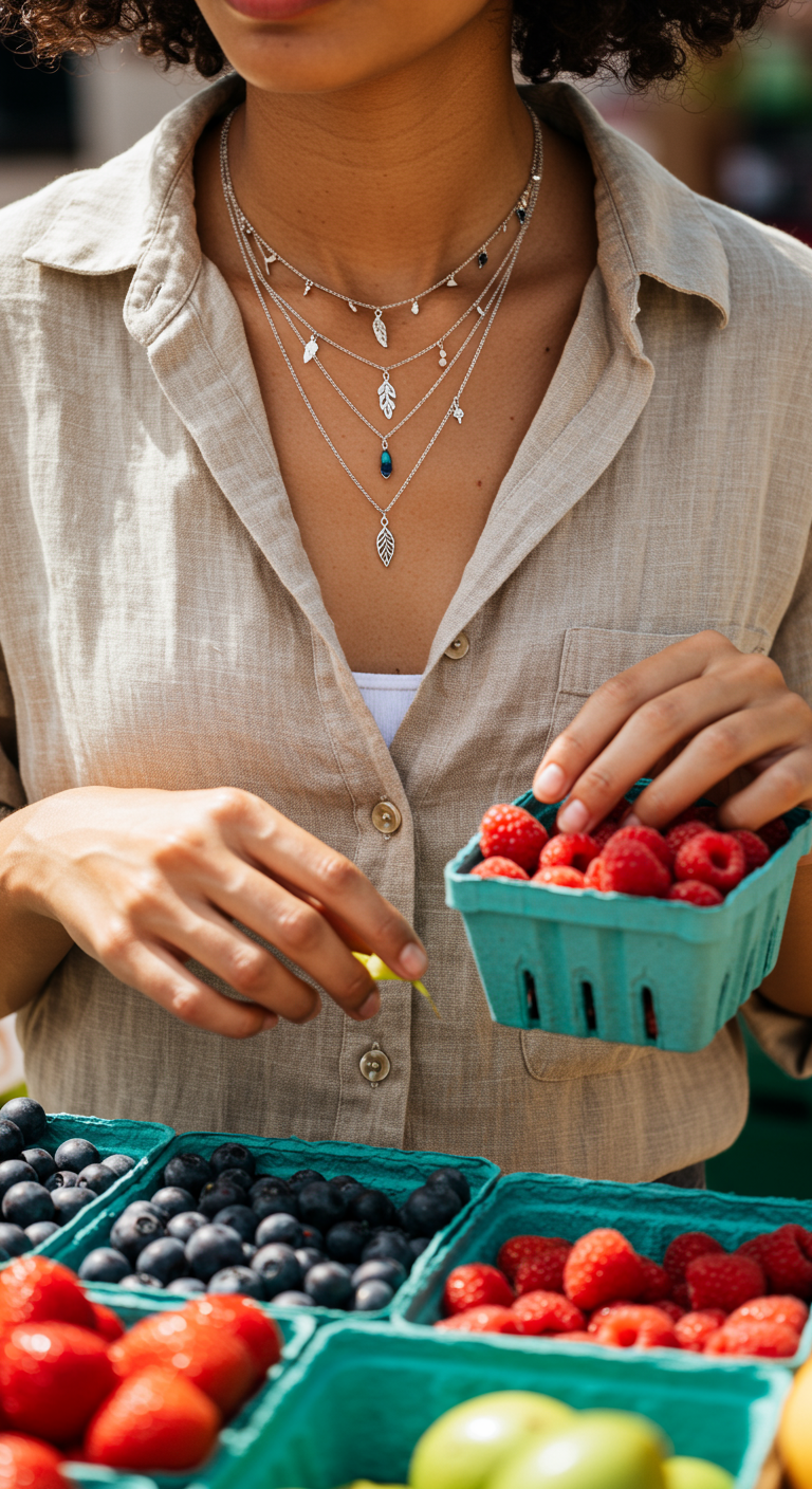 Woman at a farmer's market in a linen shirt with layered silver leaf necklaces.