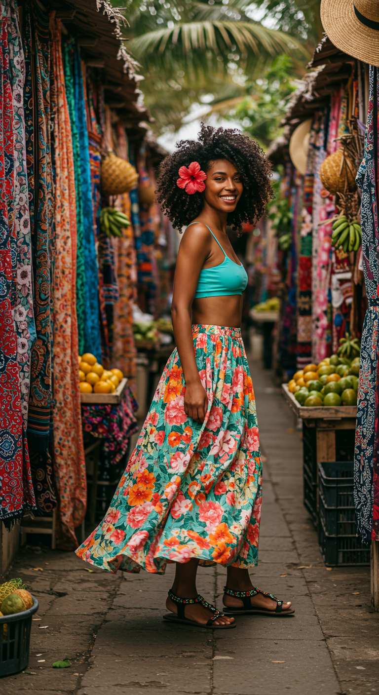 Woman in a colorful market wearing a turquoise bralette and floral maxi skirt.