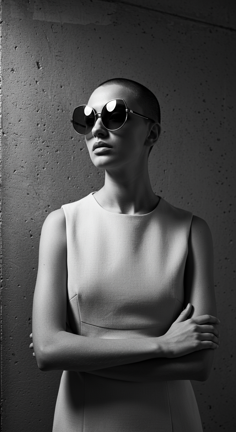 Woman with shaved head in a minimalist dress and large round sunglasses.