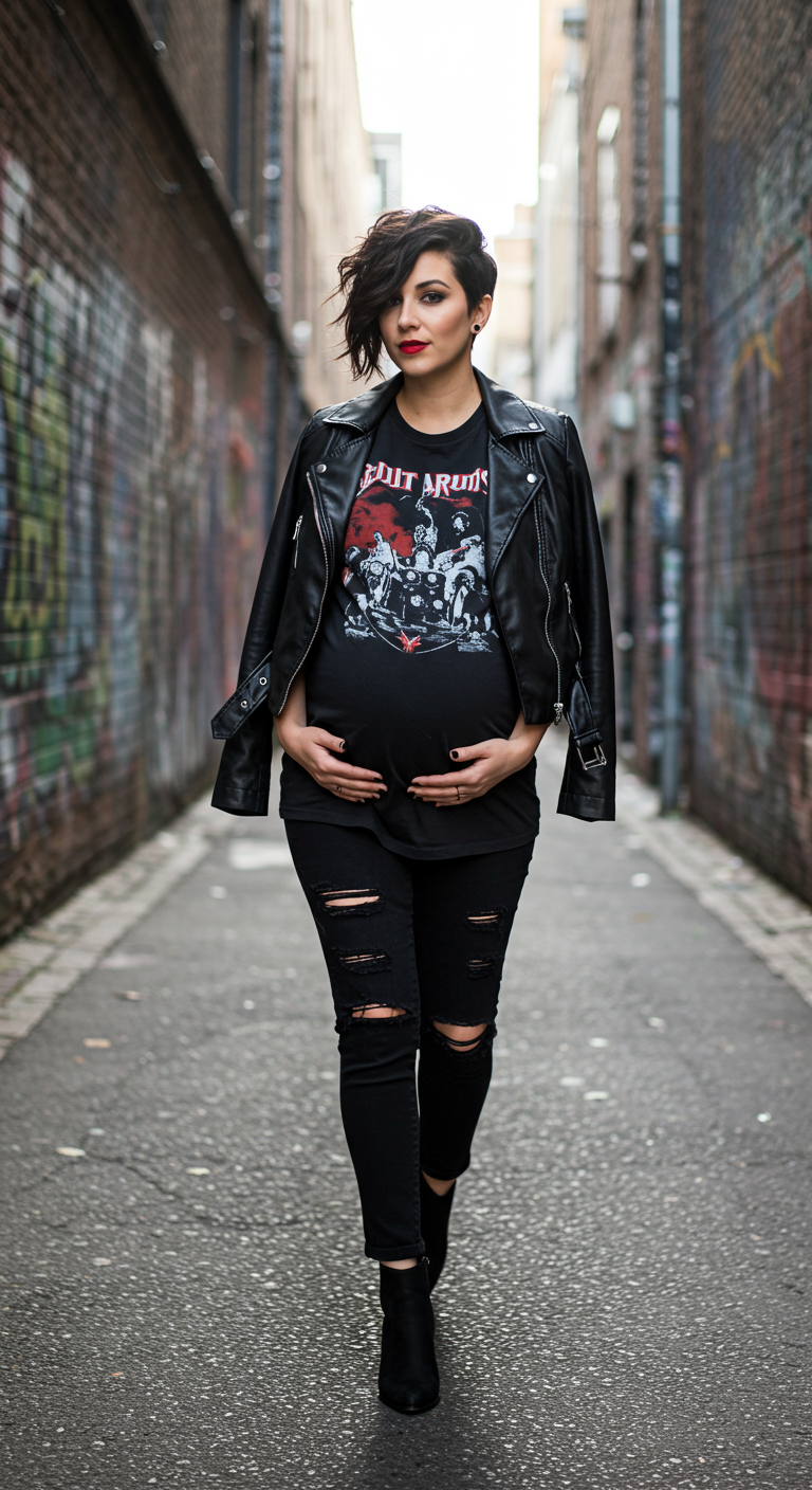 Pregnant woman in a band t-shirt, leather jacket, and ripped jeans in an alley.