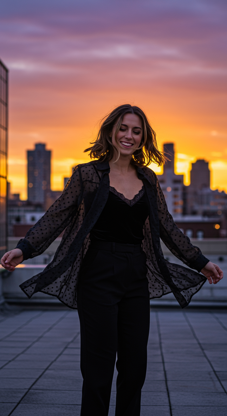 Woman in sheer black polka dot shirt and black outfit on a rooftop at sunset.