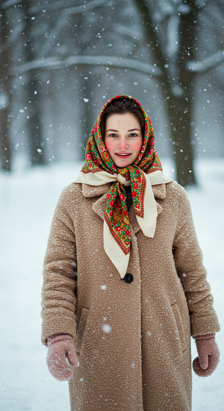 Woman in a snowy park wearing a teddy coat and a colorful patterned headscarf.