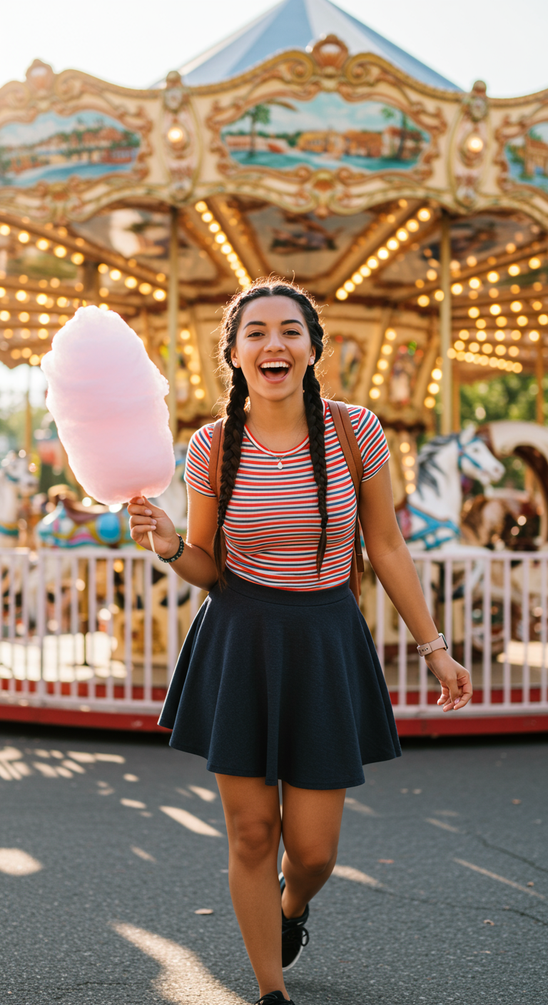 Woman with cotton candy, wearing a striped tee and skater skirt at a carnival.