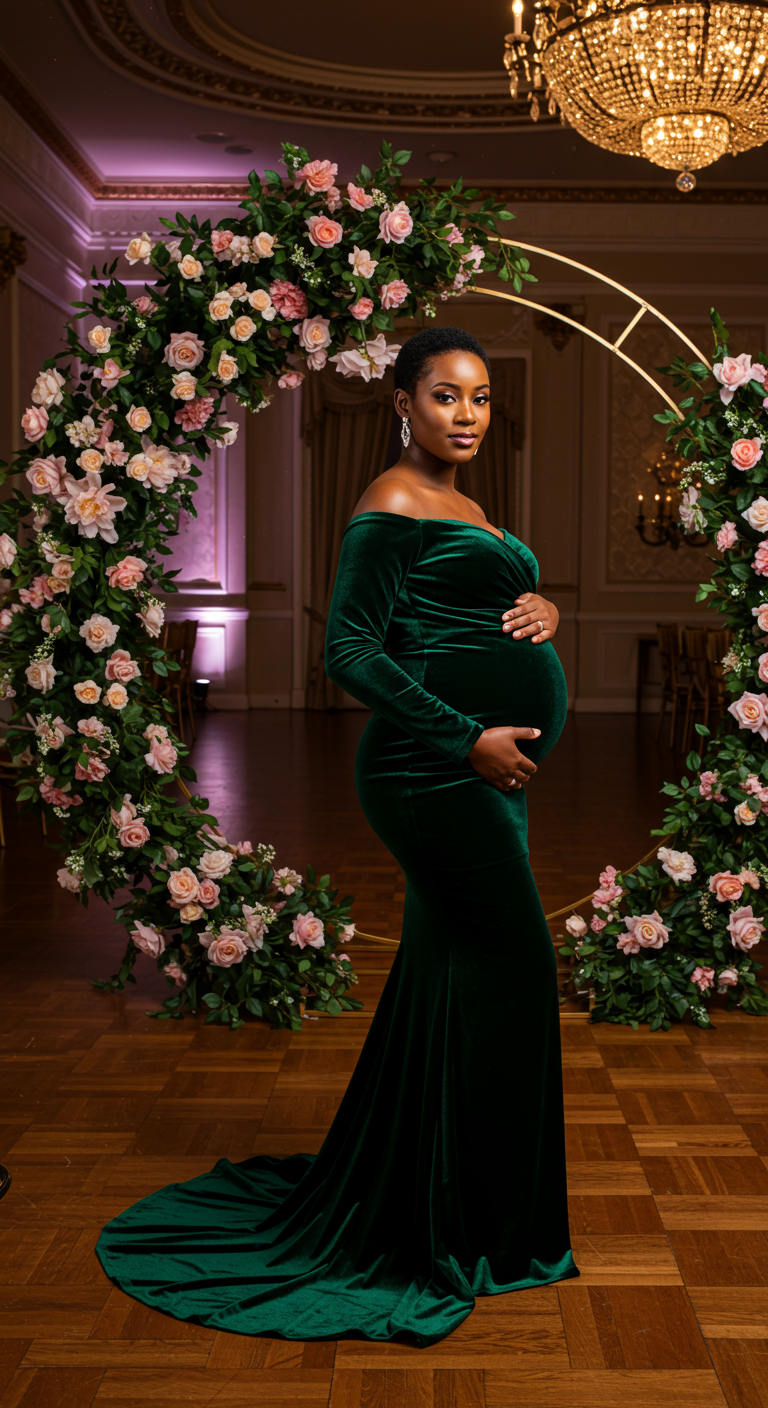 Pregnant woman in an elegant off-shoulder emerald green velvet gown at a formal event.