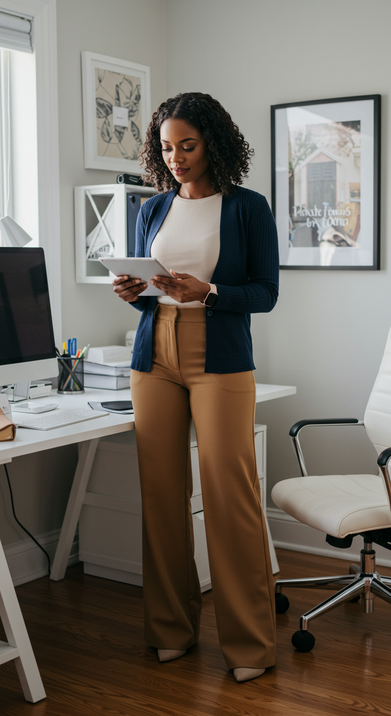 Woman in a cream top, navy cardigan, and camel wide-leg pants in a home office.