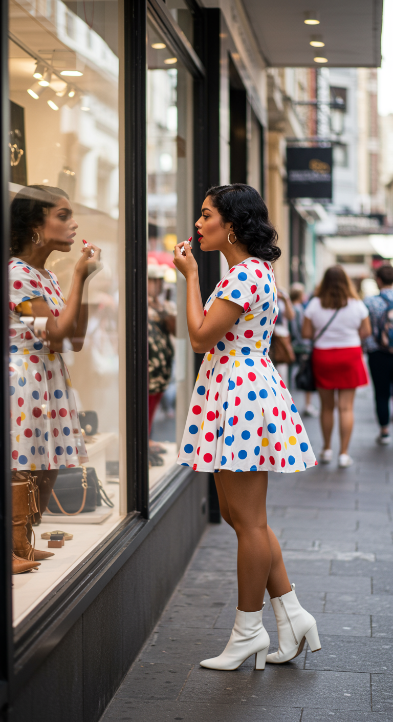 Woman in colorful polka dot mini dress and white boots applying lipstick.