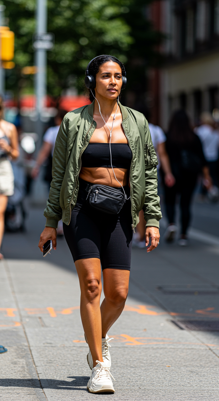 Woman in city wearing black bandeau, bomber jacket, and biker shorts.