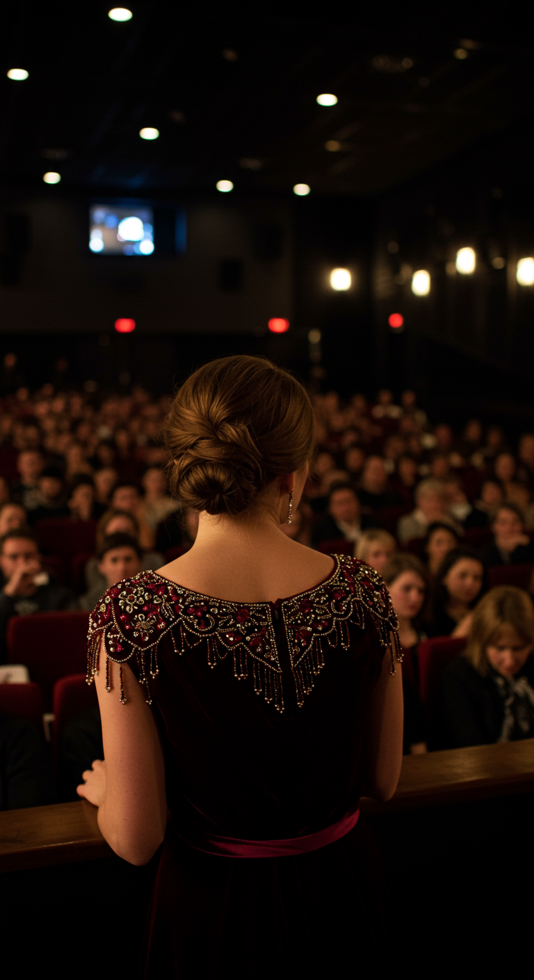 Woman from behind in a burgundy velvet dress with beaded shoulders.