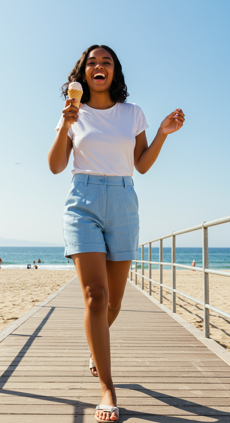 Woman in a white t-shirt and light blue high-waisted shorts on a boardwalk.