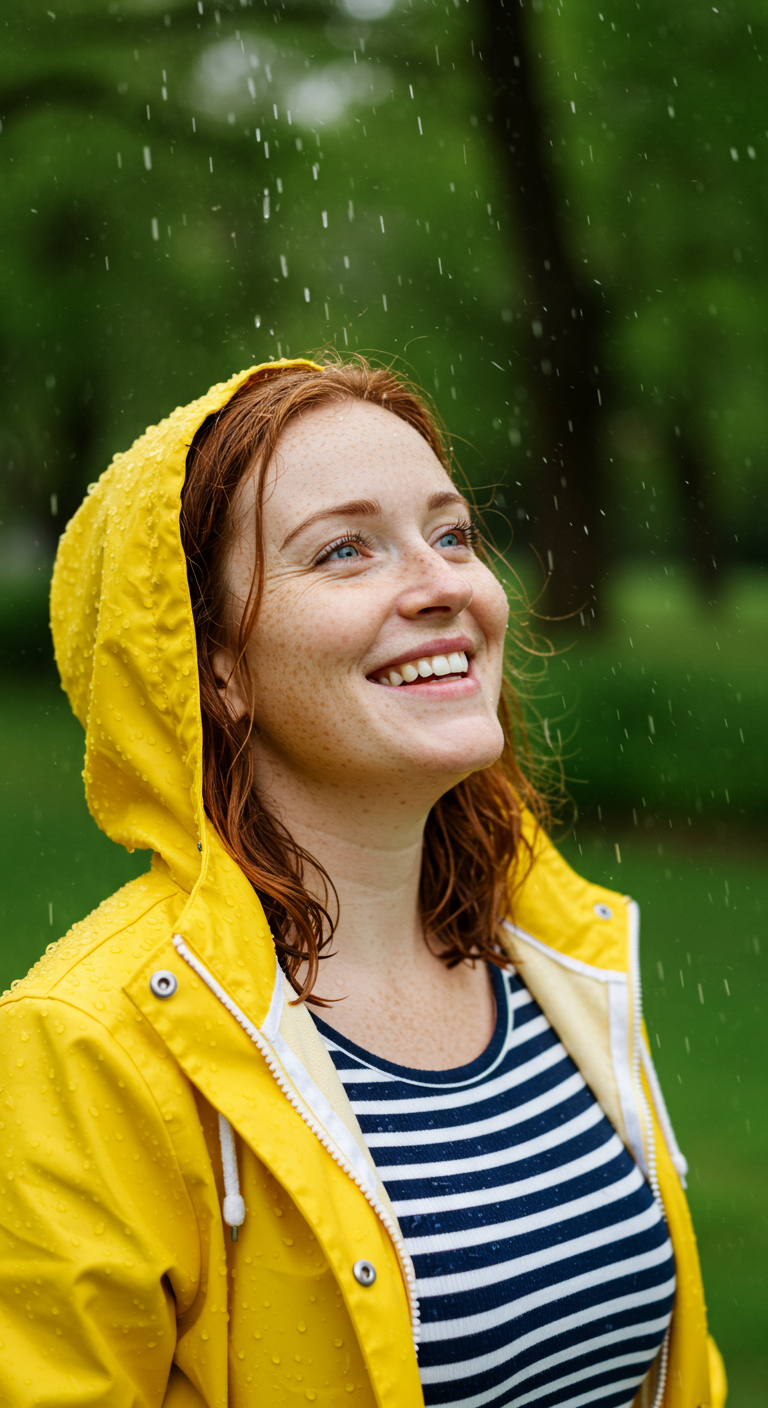 Pregnant woman smiling in a yellow raincoat and striped top in the rain.