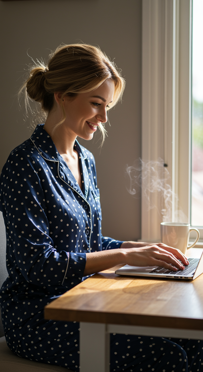 Woman in navy silk polka dot pajamas working on a laptop.