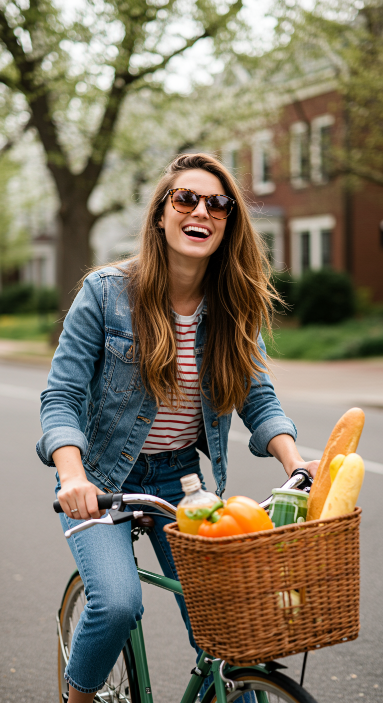 Woman in denim jacket and tortoiseshell sunglasses riding a bike with groceries.