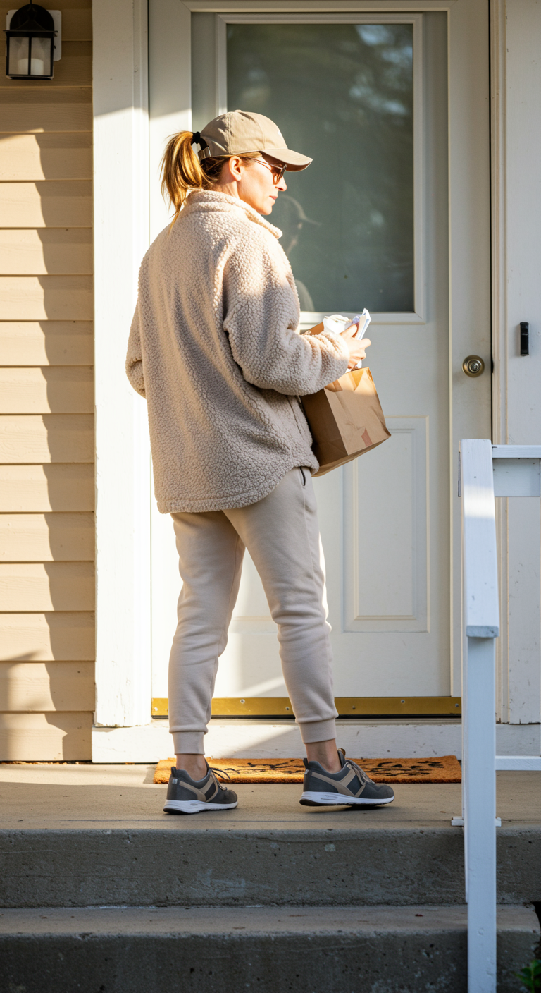 Woman in a sherpa jacket, joggers, sneakers, and cap, picking up a delivery.