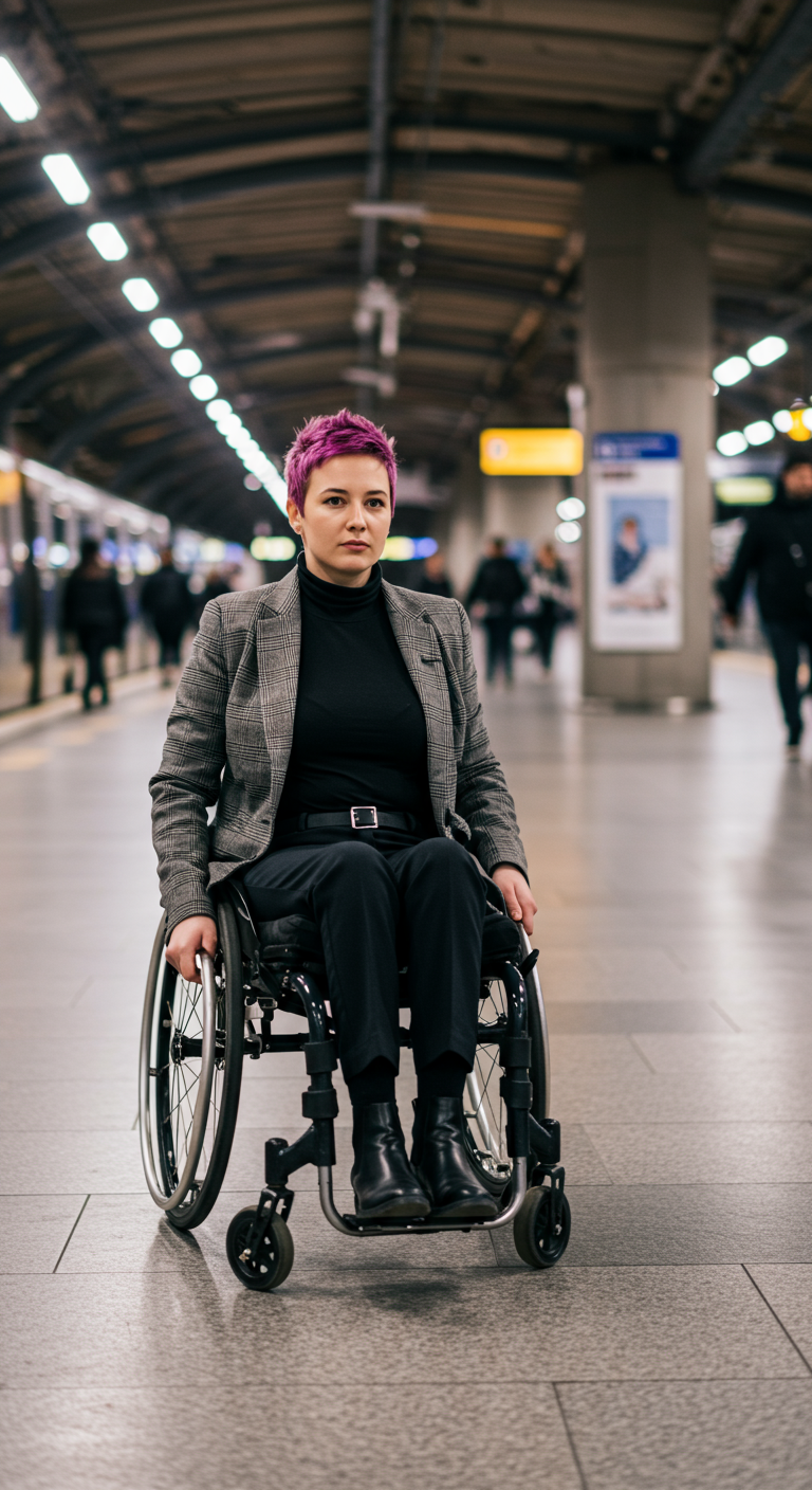 Woman with pink hair in a wheelchair, wearing a plaid blazer and black turtleneck.