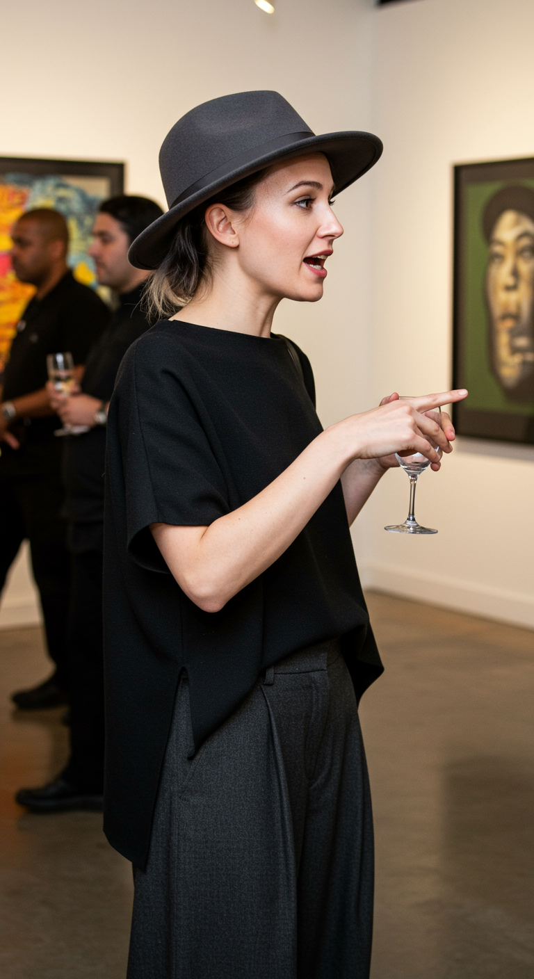 Woman in grey fedora and minimalist black and grey outfit at an art gallery.