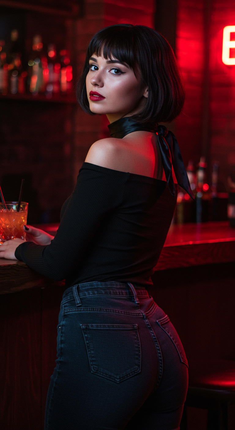 Woman with dark bob at a bar, wearing an off-shoulder top and a black scarf as a choker.