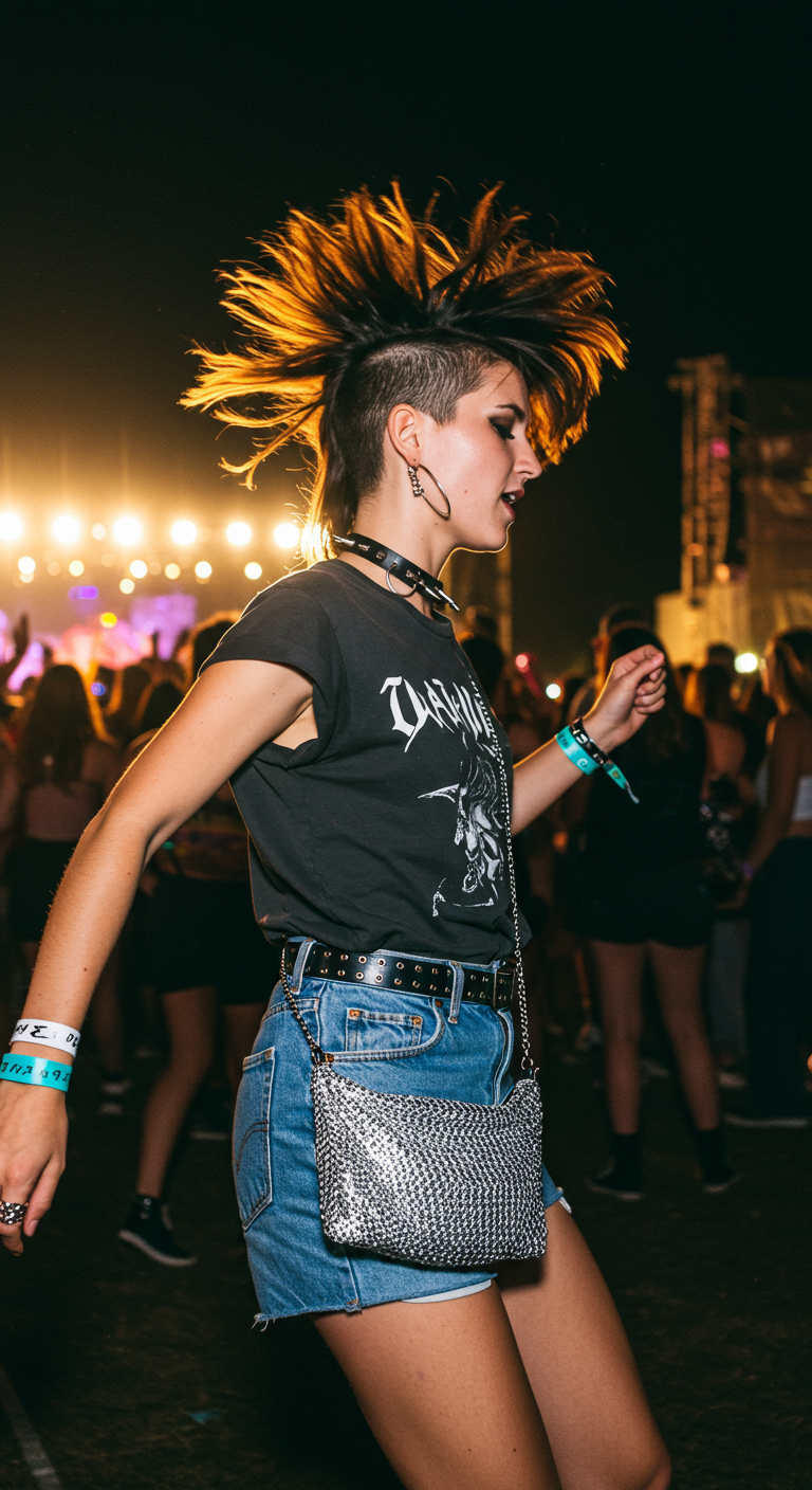 Woman with mohawk dancing at a festival, wearing denim shorts and a silver chainmail bag.