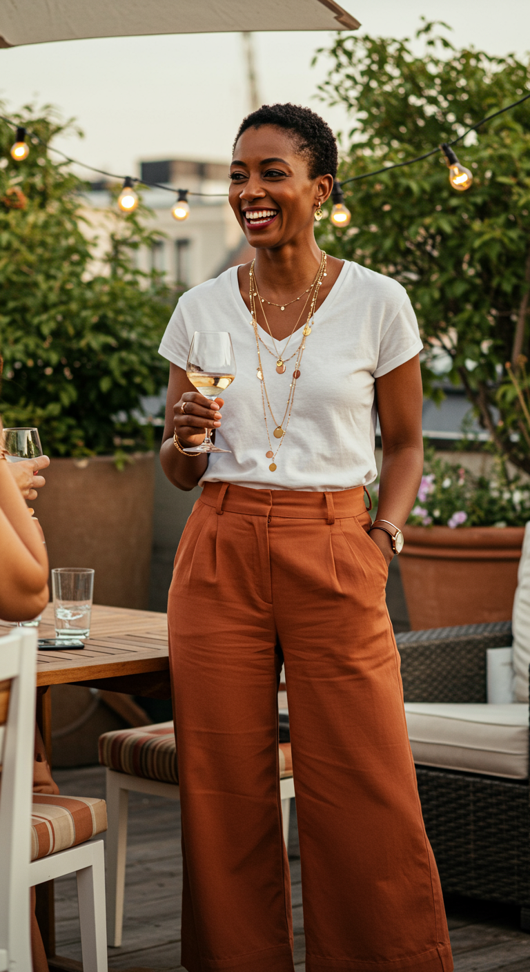 Woman on a rooftop wearing a white tee, terracotta pants, and layered gold necklaces.