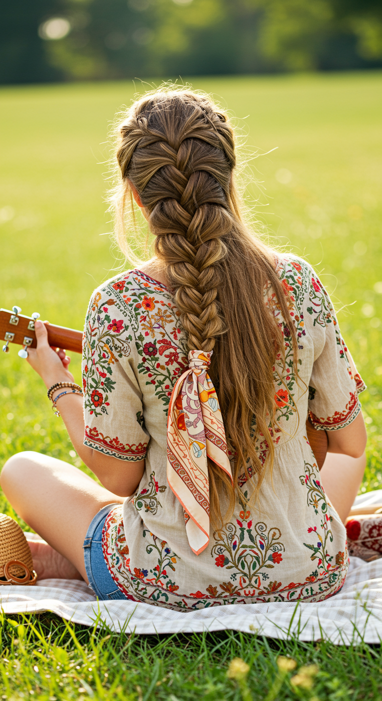 Woman from behind with a long braid, a scarf tied at the end, wearing a boho blouse.