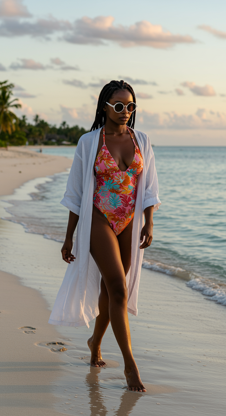 Woman in a swimsuit and linen robe with white round sunglasses on a beach.