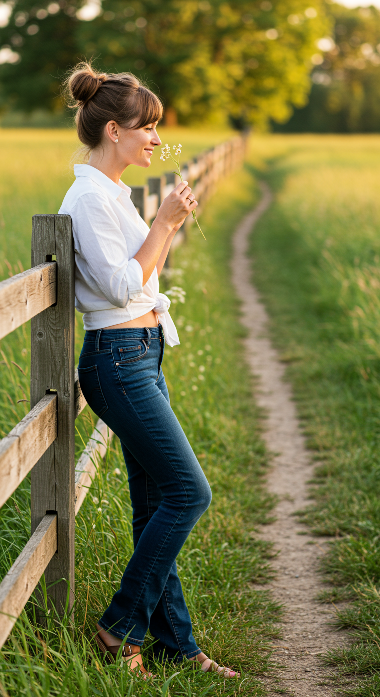 Woman in a white tie-front shirt and bootcut jeans leaning on a fence in a field.