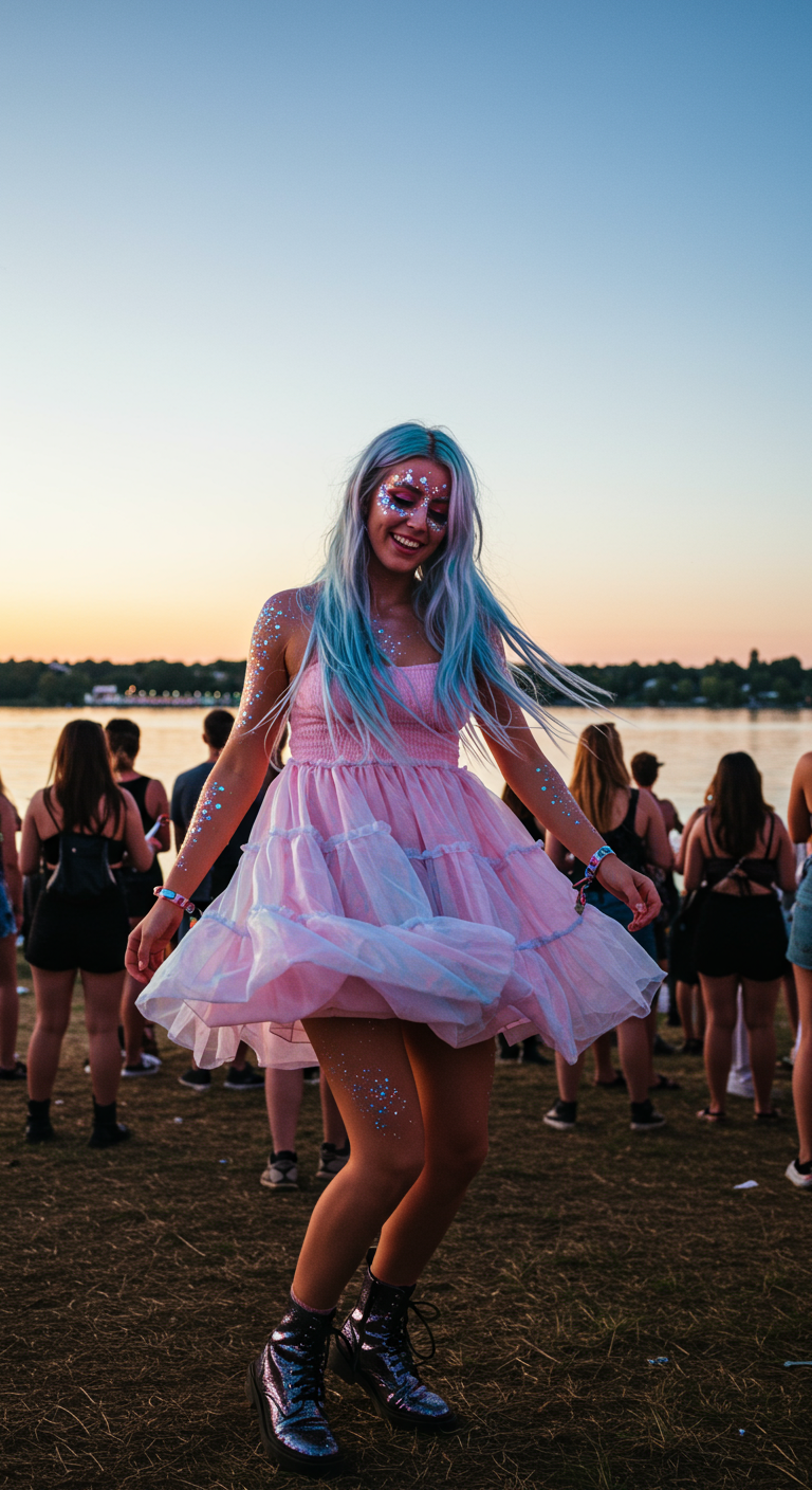 Woman with blue hair in pink and blue tulle dress with glitter at a festival.