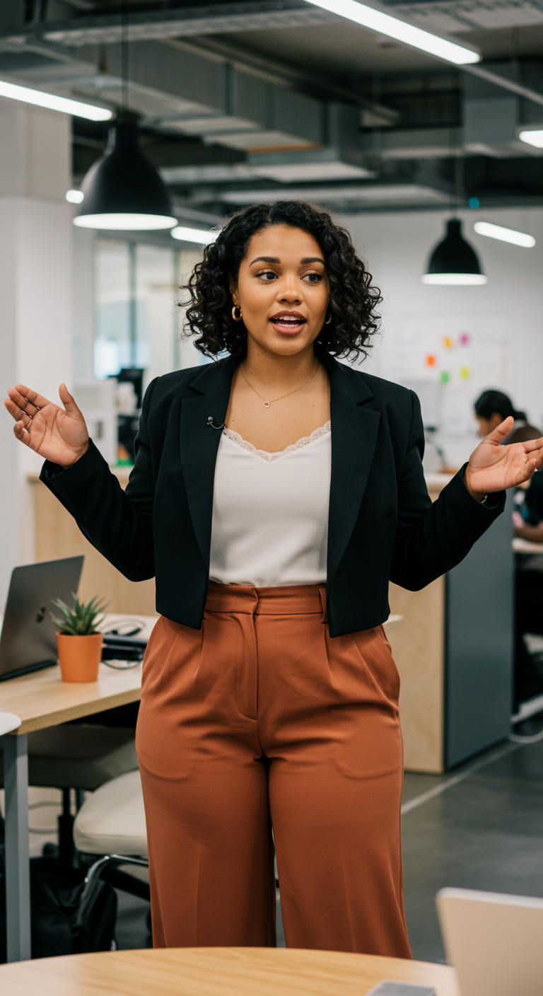 Woman in a cropped blazer, camisole, and high-waisted rust trousers in an office.