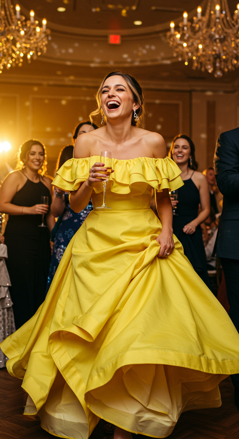 Woman laughing joyfully in a vibrant yellow off-shoulder ballgown.