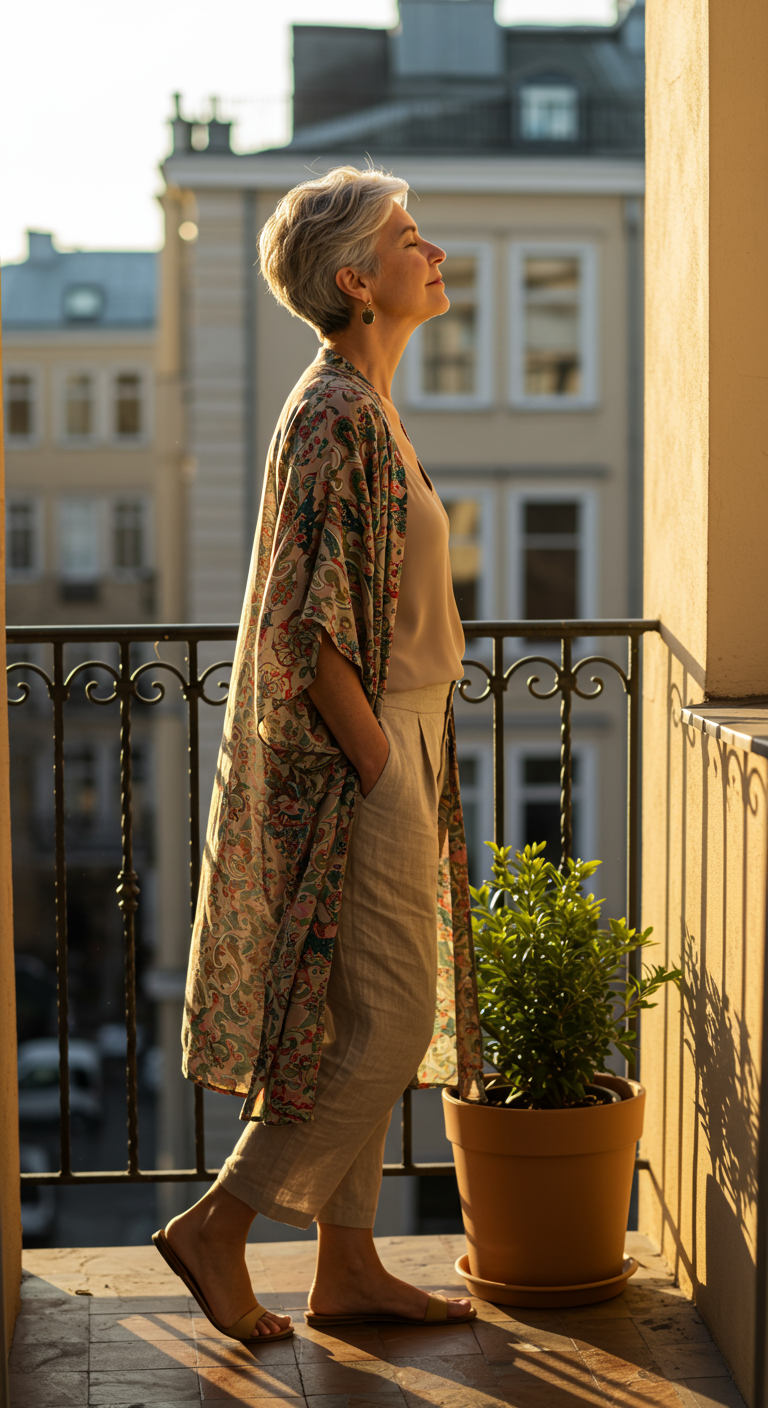 Mature woman in a floral kimono and linen pants enjoying the sun on a balcony.