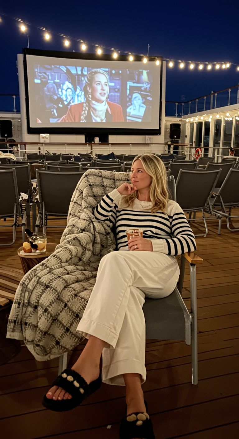 Woman in striped sweater and white pants at outdoor movie night.