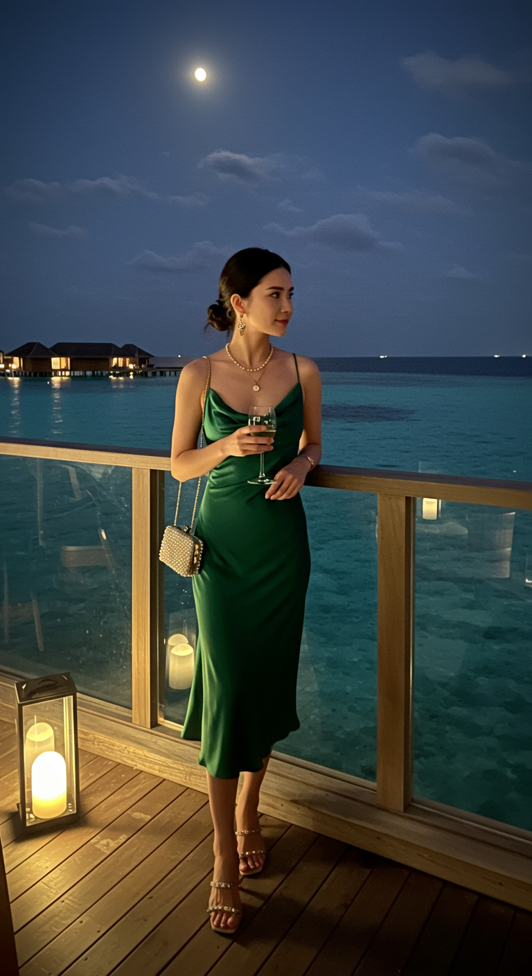 Woman in emerald green slip dress on balcony at night.