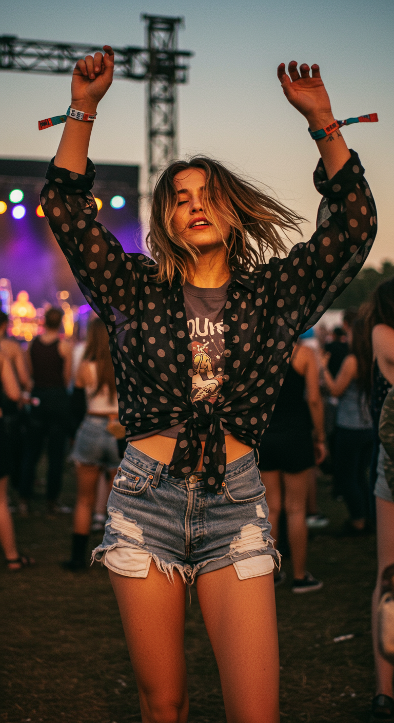 Woman at a festival in sheer polka dot shirt tied over tee and denim shorts.