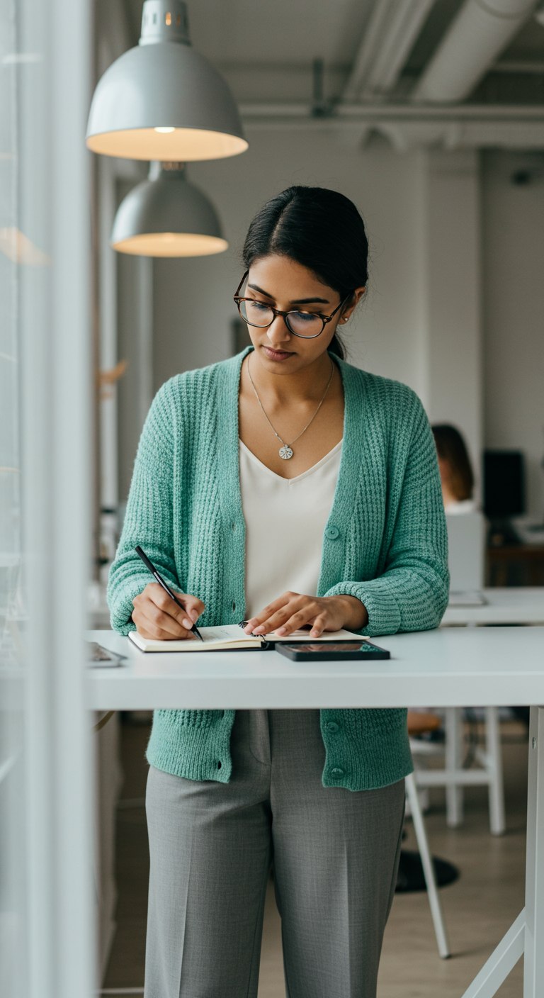 Woman in mint green cardigan, white top, and grey pants writing at a desk.