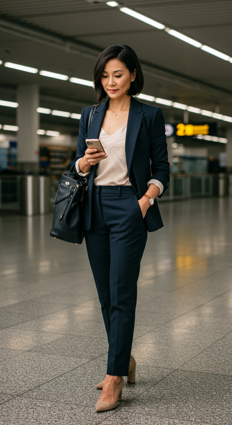 Woman in a navy pantsuit and silk camisole looking at her phone in an airport.
