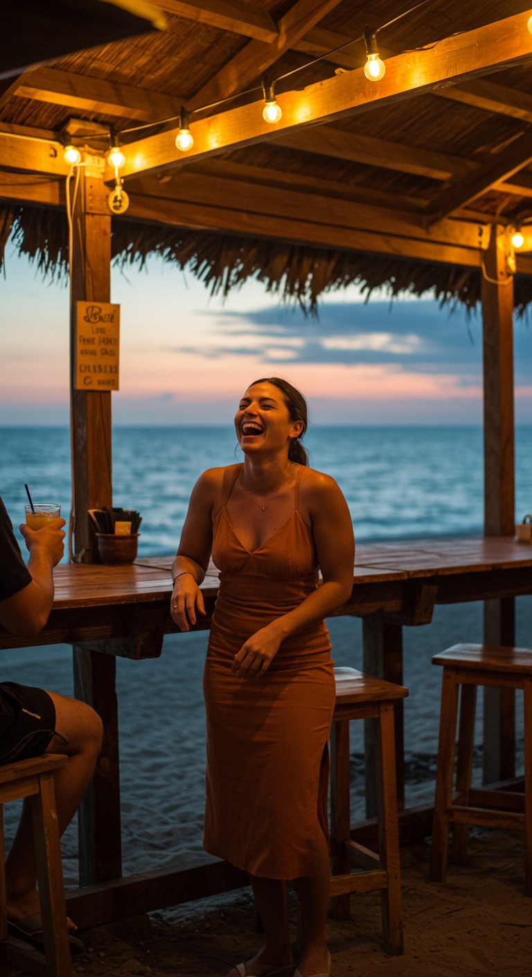 Woman laughing in a terracotta slip dress at a beach bar at sunset.