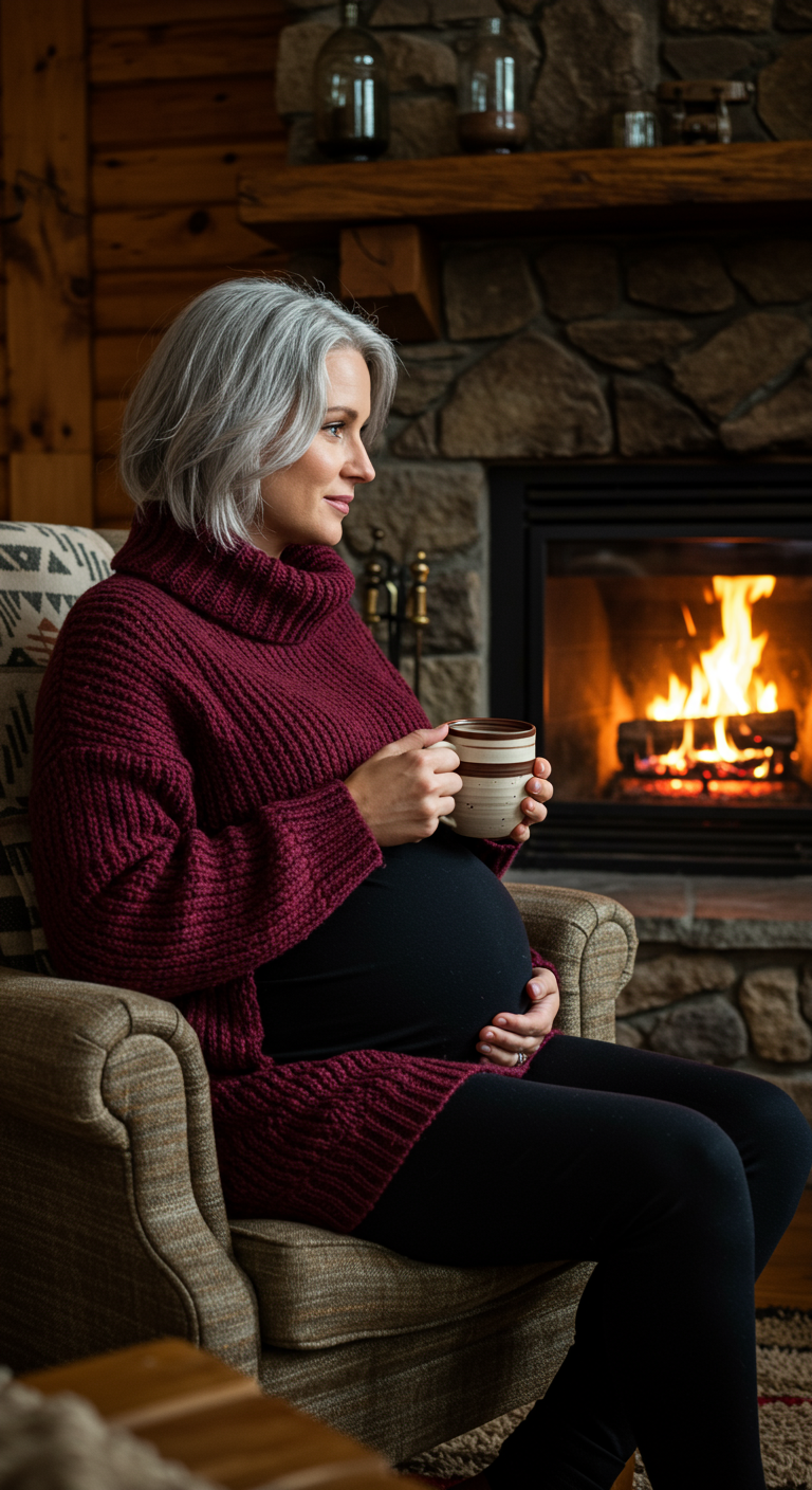 Pregnant woman in a burgundy turtleneck sweater and leggings by a fireplace.