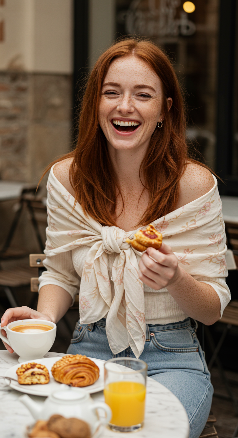 Woman laughing at a cafe, wearing a scarf as an off-shoulder top with jeans.