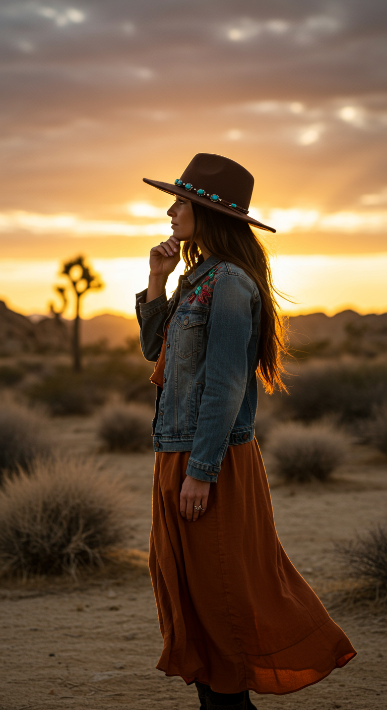 Woman in wide-brim fedora, denim jacket, and rust dress at desert sunset.