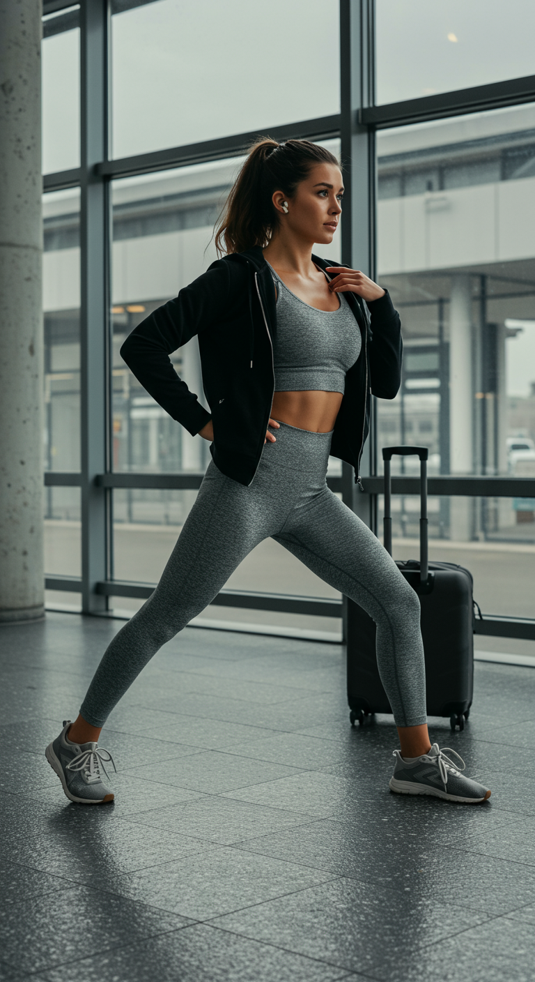 Woman in a grey athleisure set and black hoodie stretching at an airport window.