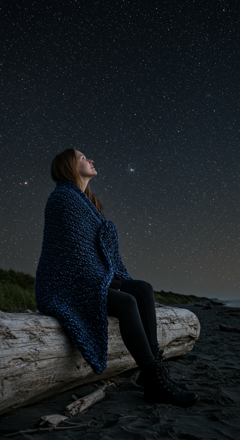 Woman wrapped in a chunky navy blue knit on a beach at night looking at stars.