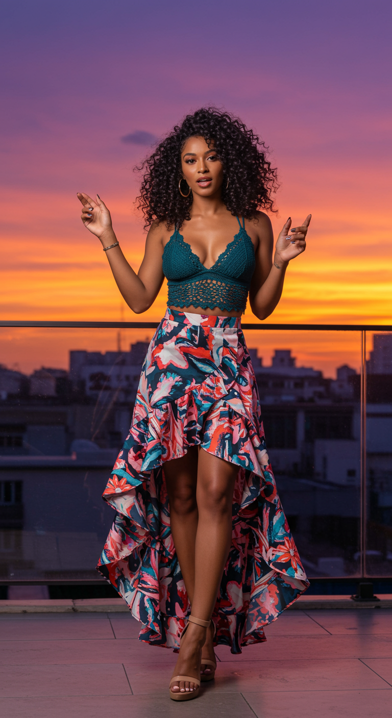 Woman in teal crochet halter and floral high-low ruffle skirt against a sunset.